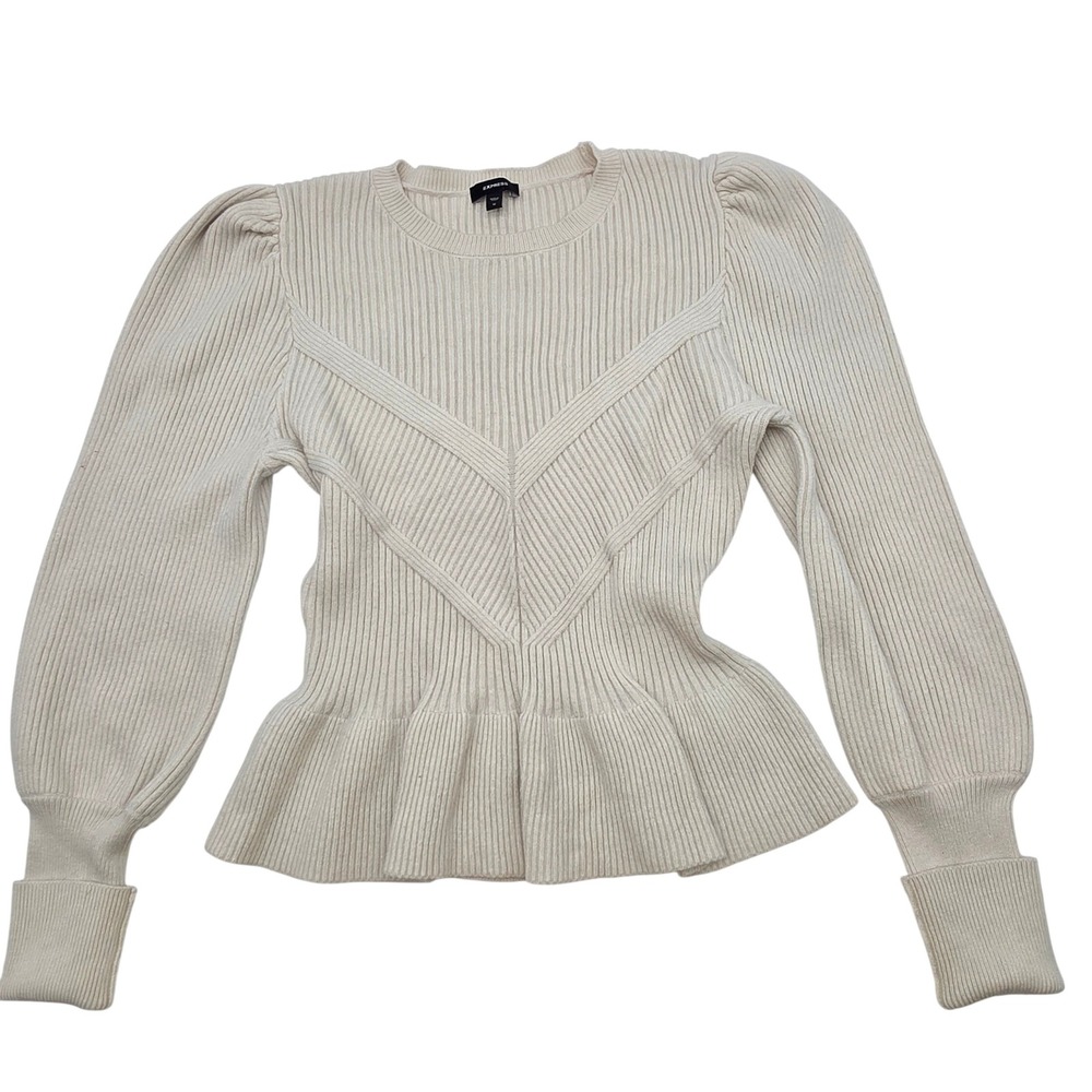 Express Peplum Sweater Womens Medium Cream Ribbed Puff Sleeve Chevron 008263537